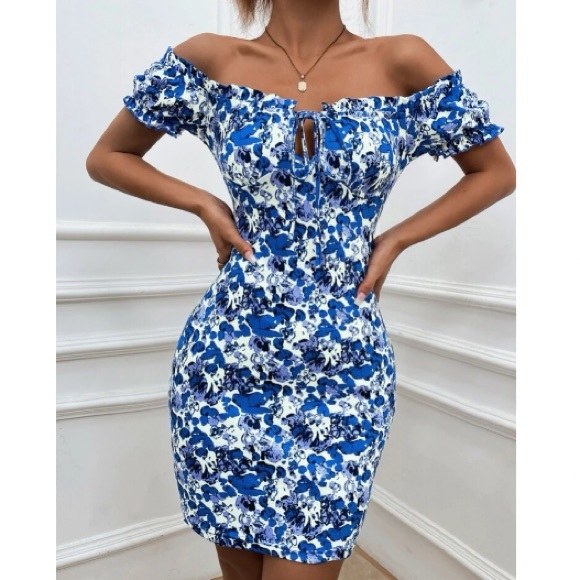Boho Blue Floral Print Off Shoulder Bodycon Dress - Picture 3 of 11